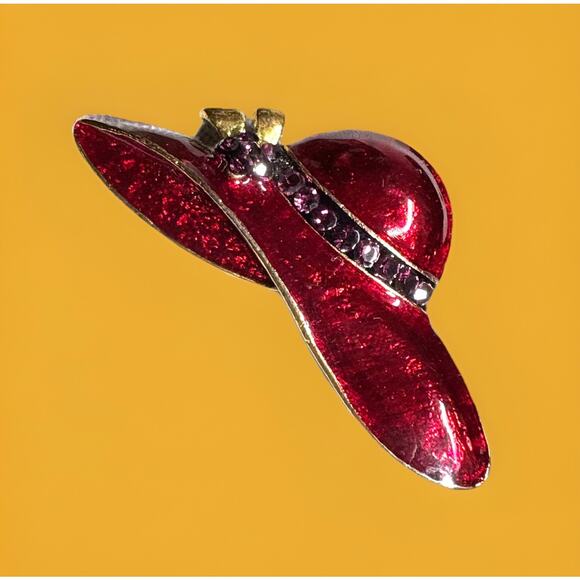 Vintage Brooch Pin Red Enamel W/ Purple Rhinestones Floppy Hat Gold Tone 2.25” - Picture 1 of 4